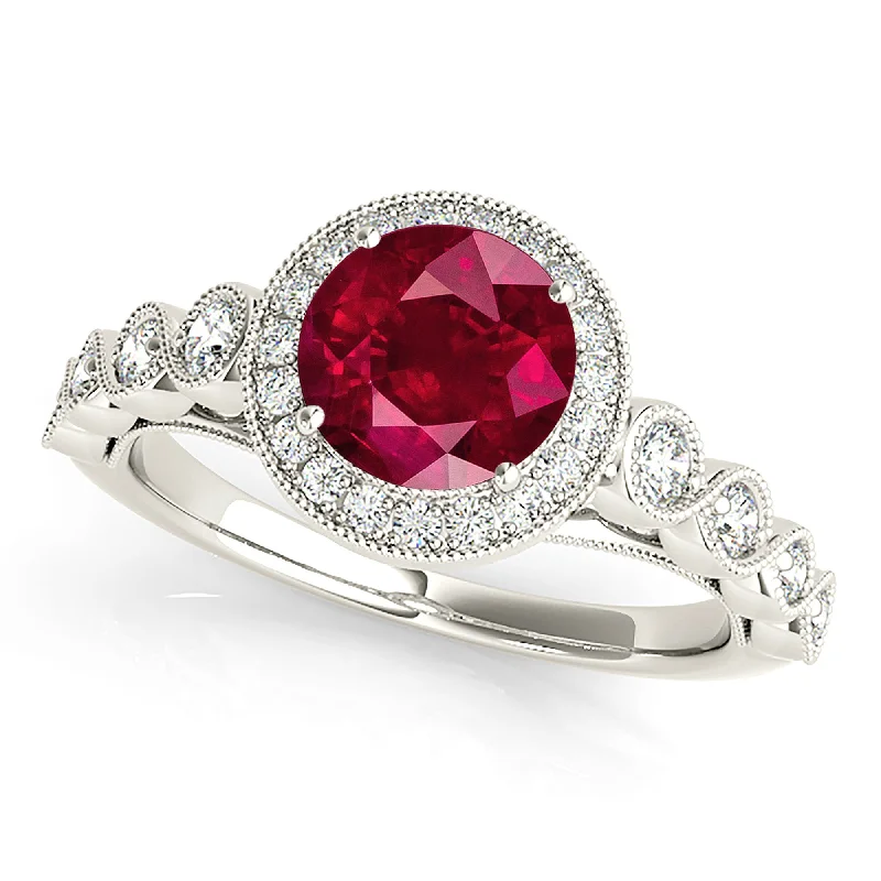 1.35 ct. Genuine Ruby Ring With Halo,Swirly Milgrain Diamond Band