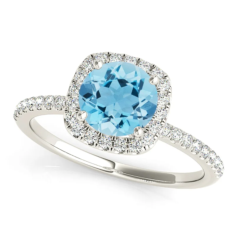 1.10 ct. Genuine Round Aquamarine Ring With Cushion Halo