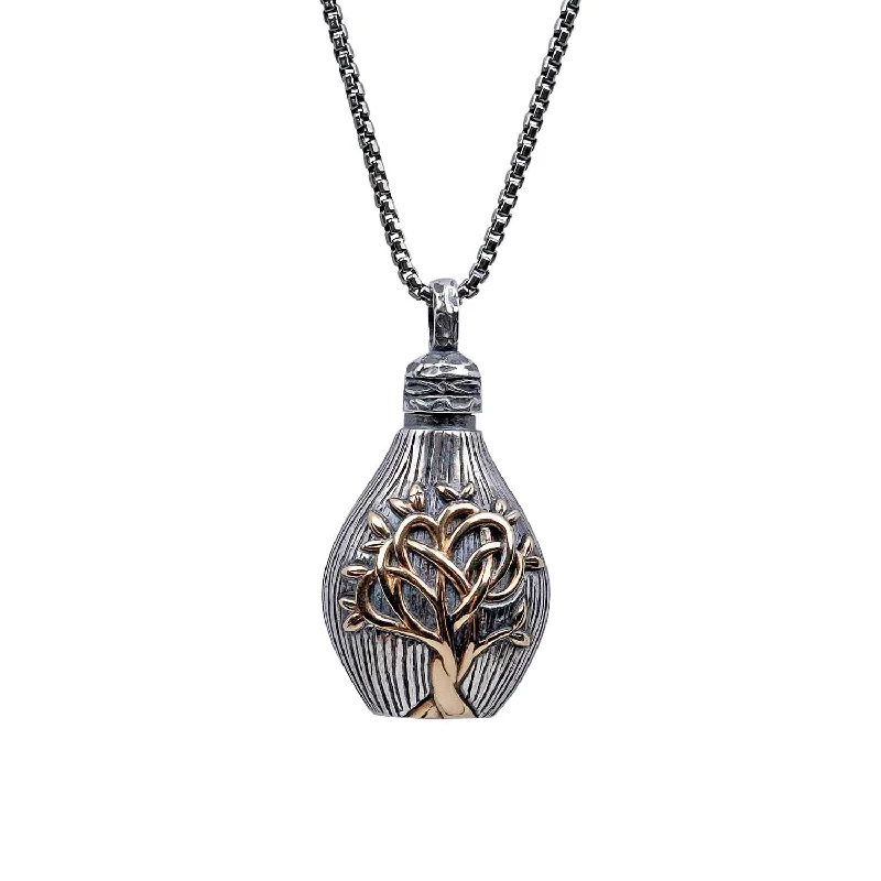 coin necklaces for women-Silver and 10k Gold Textured Tree of Life Keepsake Vial