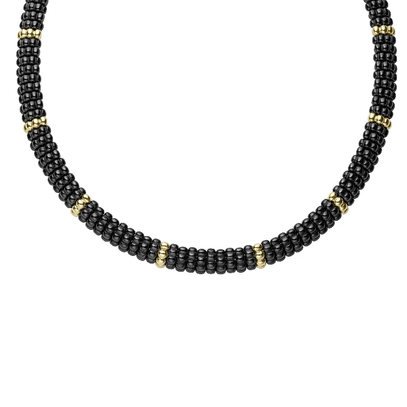 wedding chain necklaces for women-Black Caviar 18K Gold Single Station Ceramic Beaded Necklace | 9mm