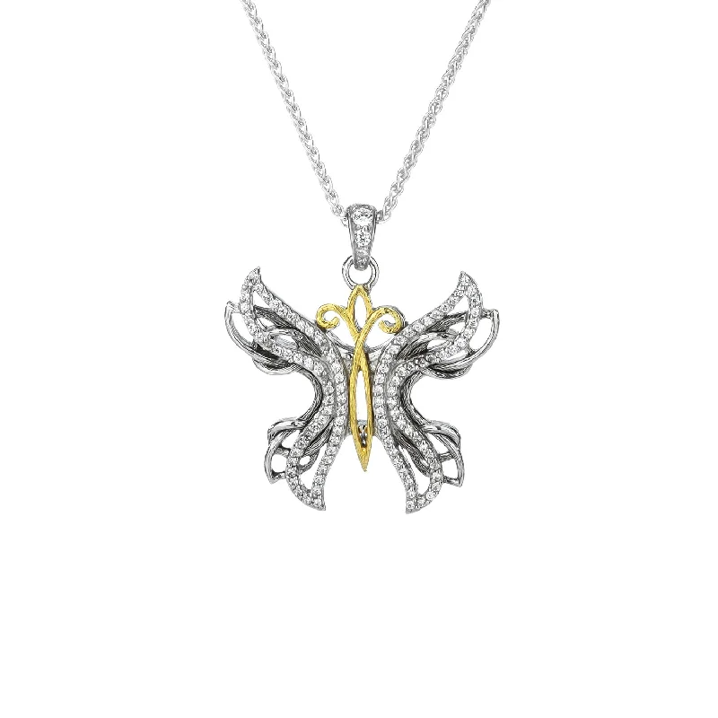 vintage necklaces for women-Silver and 10k Yellow or Rose Gold Butterfly Pendant