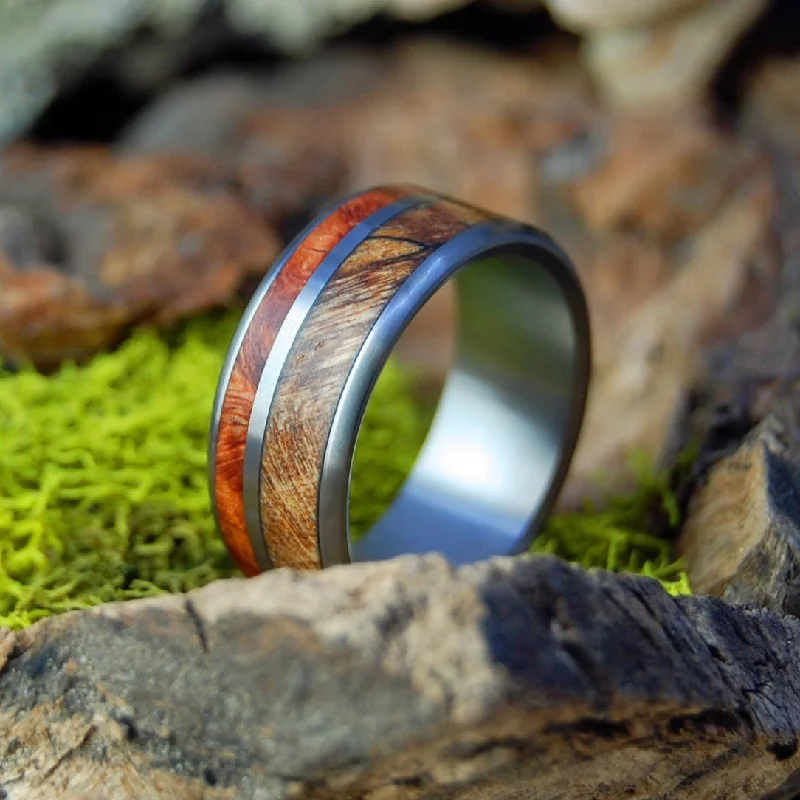 Corner Of Her Heart | Men's Spalted Maple, Amboyna Burl & Titanium Wedding Ring