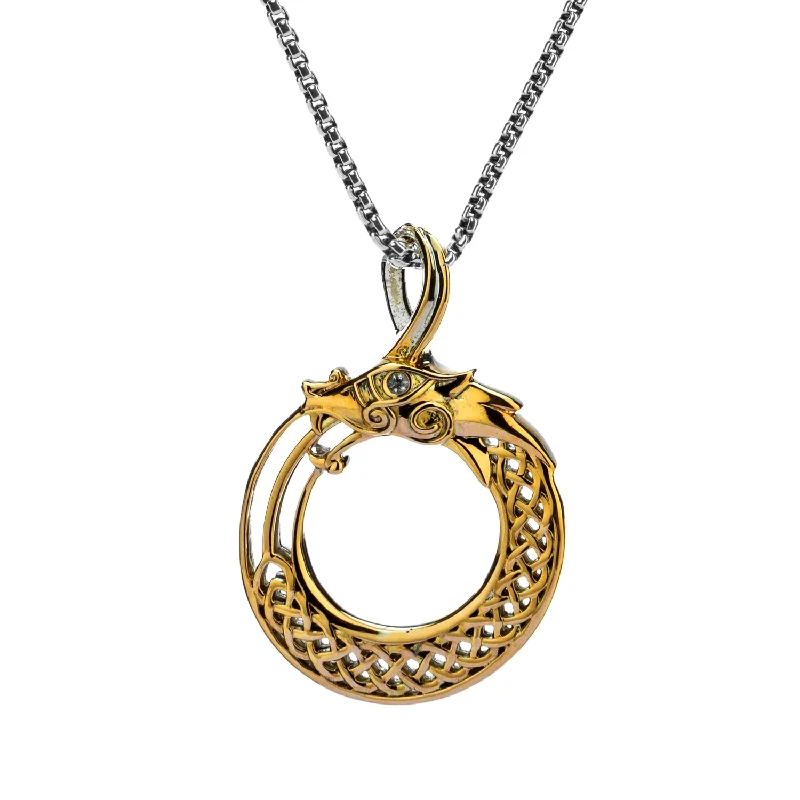 fine jewelry necklaces for women-Silver and 10k Gold Dragon Open Body Pendant - White Sapphire