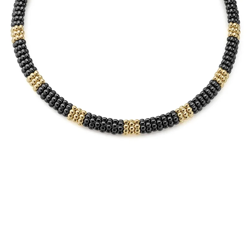 modern pendant necklaces for women-Black Caviar 18K Gold Small Station Ceramic Beaded Necklace | 9mm