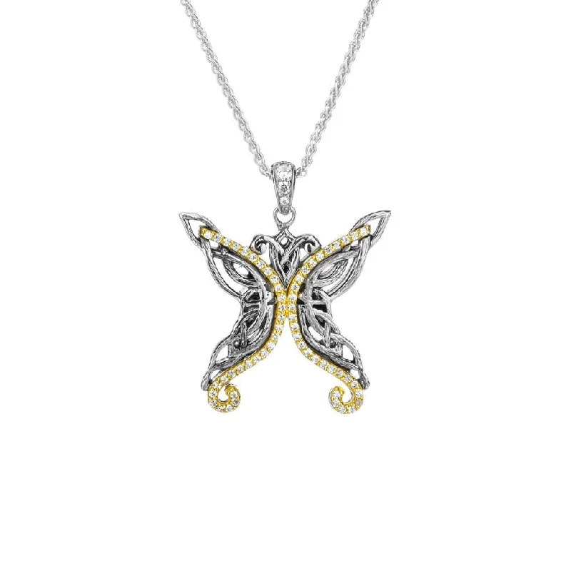 double-strand necklaces for women-Darkened Silver and 10k Yellow or Rose Gold Butterfly Pendant