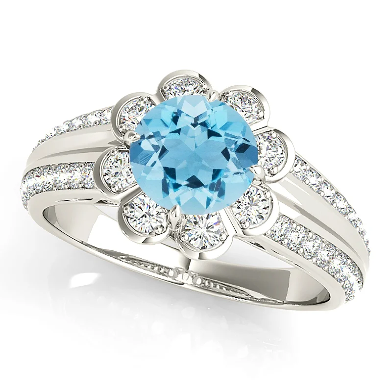 1.10 ct. Genuine Aquamarine Ring With Floral Halo, Graduating Diamond and Solid Gold Band