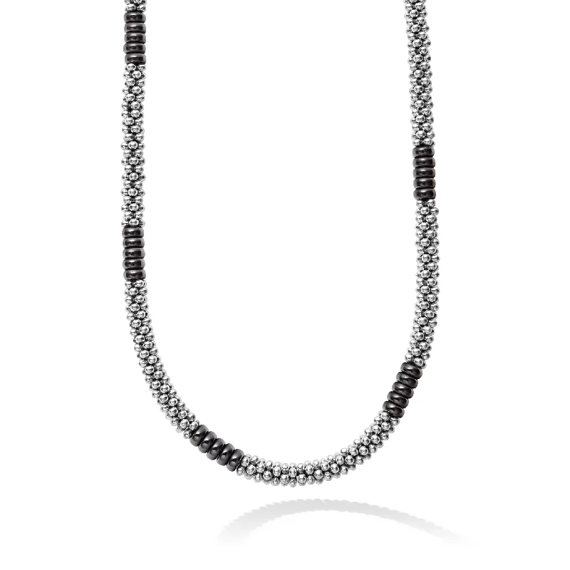 fashion necklaces for women-Black Caviar Black Silver Station Ceramic Beaded Necklace