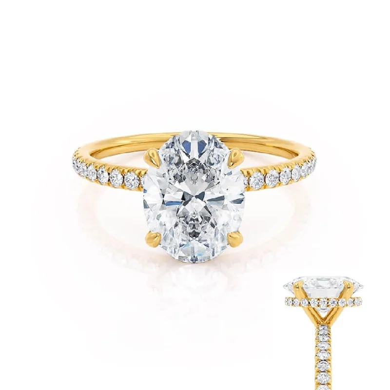 wedding engagement rings for women-LIVELY - Oval Lab Diamond 18k Yellow Gold Petite Hidden Halo Pavé Shoulder Set