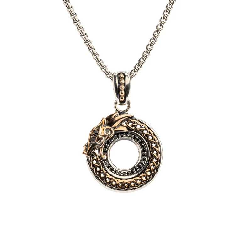 boho necklaces for women-Silver and Bronze Round Celtic Dragon Open Weave Pendant Small