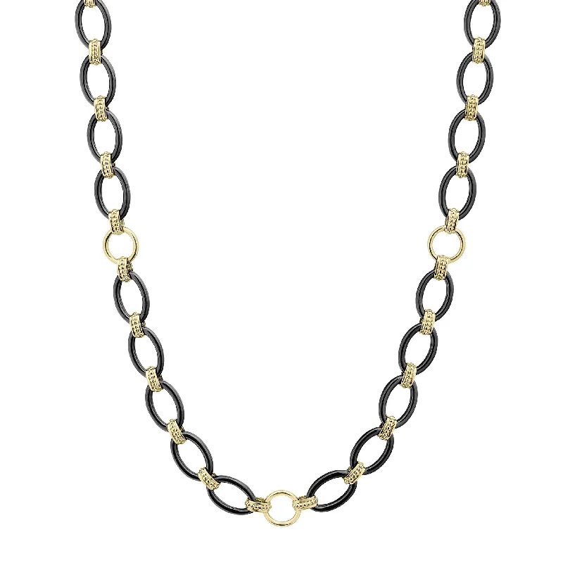 diamond necklaces for women-Meridian Long 18K Gold and Black Ceramic Link Necklace | 24mm