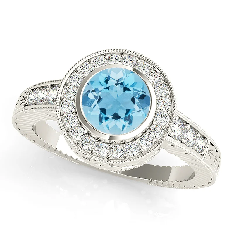 1.10 ct. Genuine Aquamarine Ring With Milgrain Halo And Filigree Design Diamond band