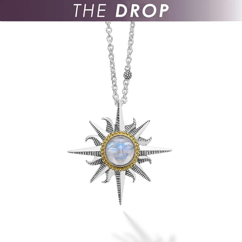 bar necklaces for women-Rare Wonders The Drop Two-Tone Moonstone Sun Pendant Necklace