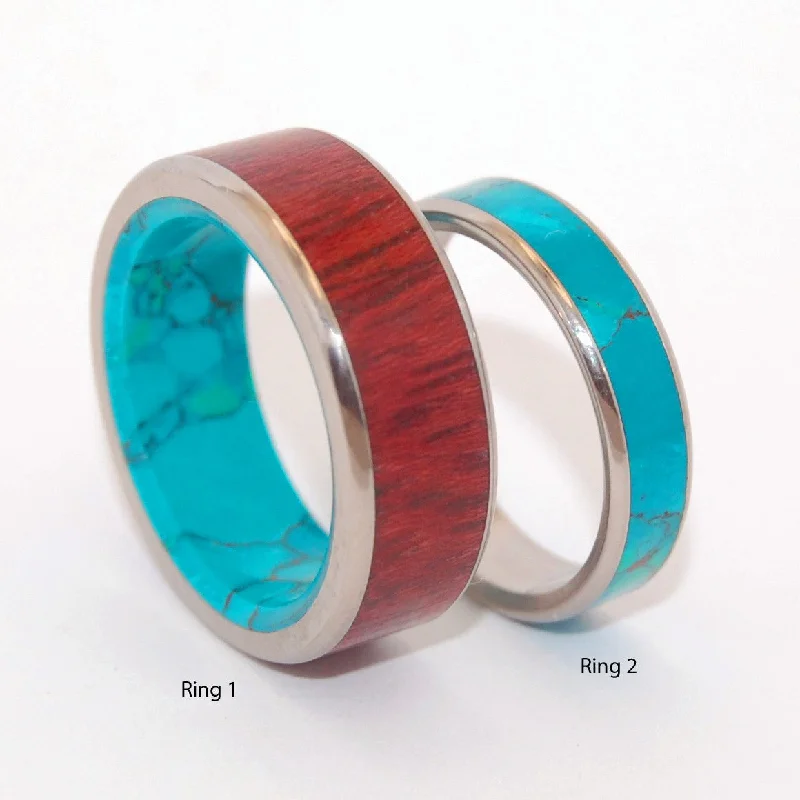 Promised Land Golden Promise | Purple Heart Wood & Chrysocolla Stone - Unique Titanium Wedding Ring Set