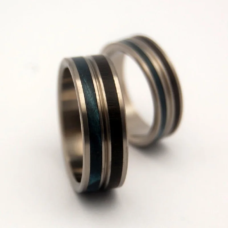 Mesmerize | African Black Wood & Blue Maple - Titanium Wedding Ring - Unique Wedding Ring Sets