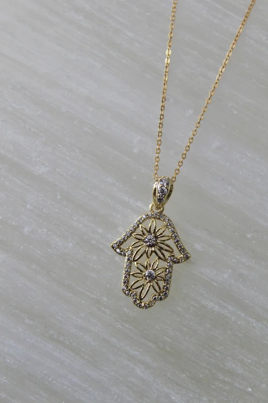 layered silver necklaces for women-Floral Hamsa Necklace