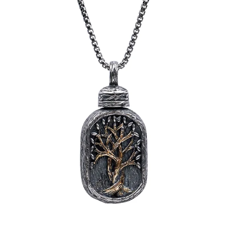 solid gold necklaces for women-Silver and 10k Gold Framed Tree of Life Keepsake Vial