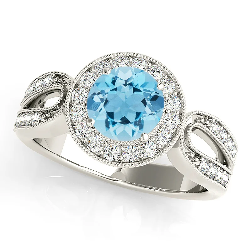 1.75 ct. Genuine Aquamarine Ring With Milgrain Halo, Open Rounded Diamond Band