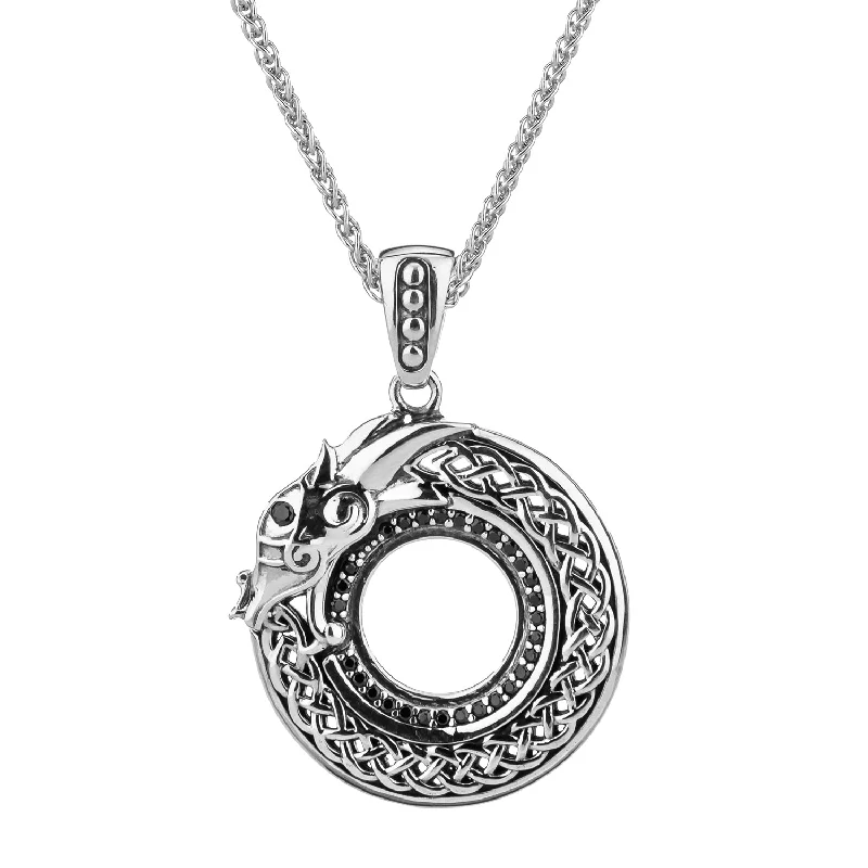 unique gemstone necklaces for women-Silver Round Dragon Pendant-Black Cubic Zirconia