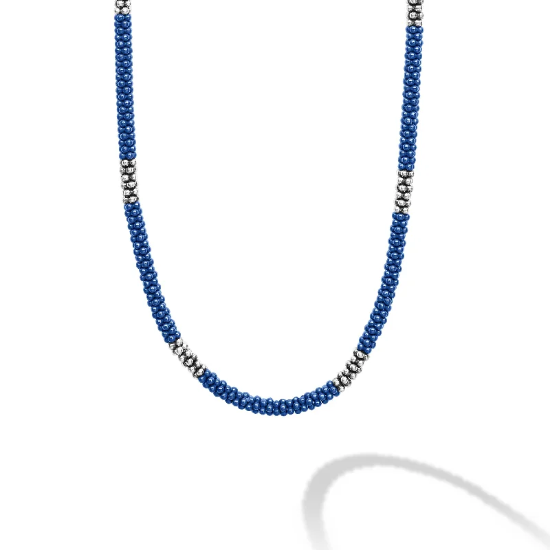 boho necklaces for women-Blue Caviar Ultramarine Silver Station Ceramic Beaded Necklace 3mm