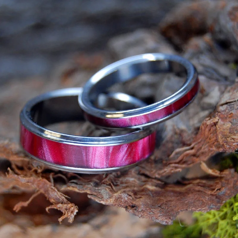 Red Marbled Flared Set |  Red Marbled Opalescent Resin - Titanium Wedding Ring