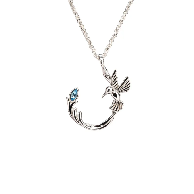 silver heart necklaces for women-Silver Single Hummingbird Pendant - Blue Topaz/Rhodolite/Peridot