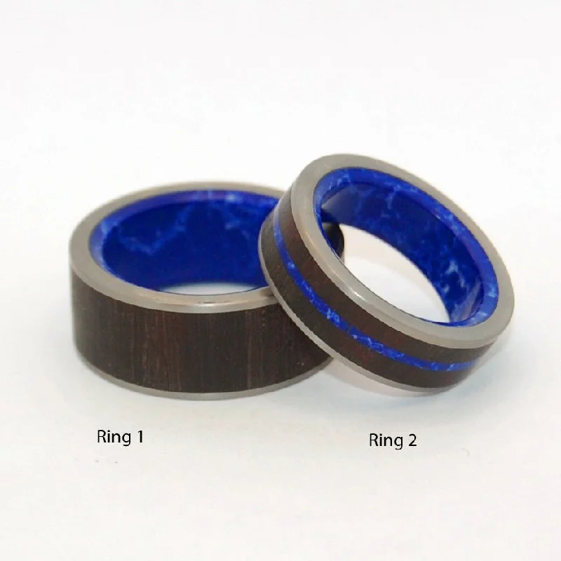 Love Is The Whole | Rosewood & Sodalite Stone - Titanium Wedding Ring Set - Blue Wedding Ring