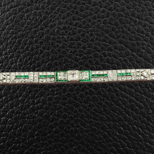 leather and metal bracelets for women-Art Deco Emerald & Diamond Bracelet