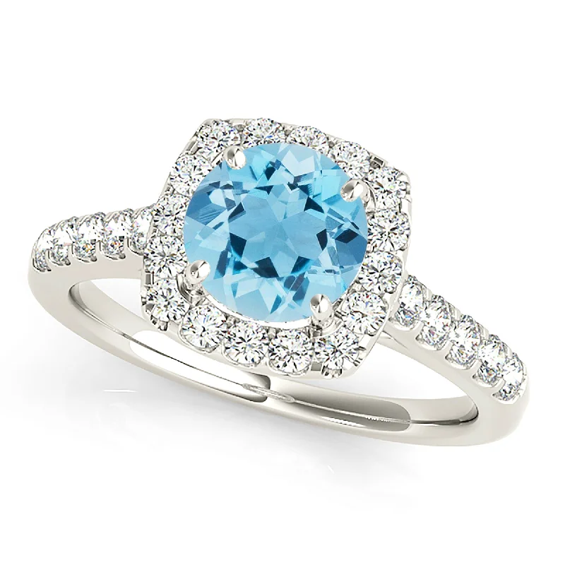 1.75 ct. Genuine Aquamarine Ring With Cushion Halo And Delicate Diamond Band