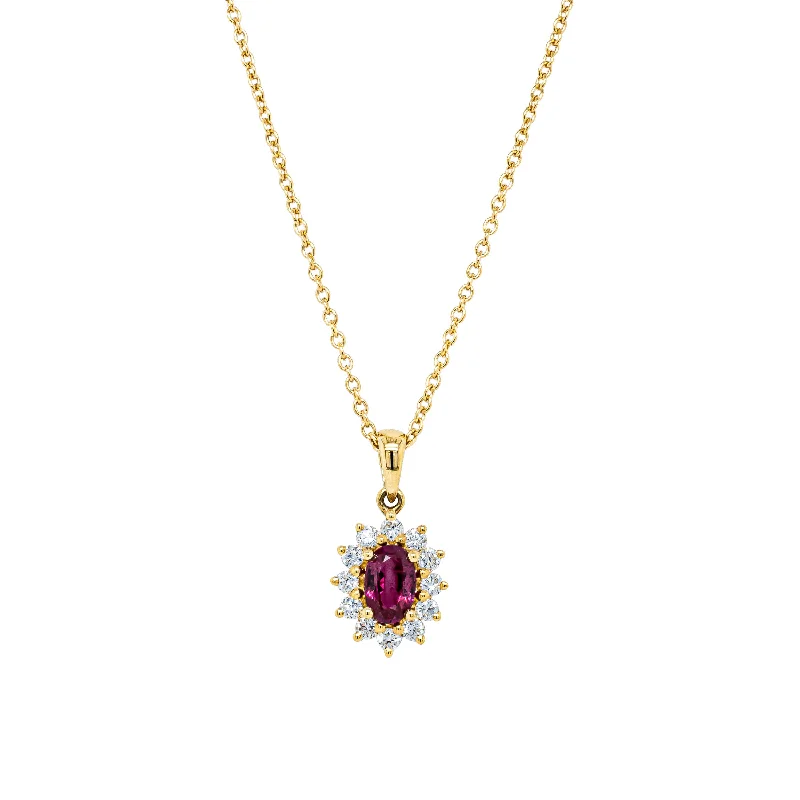 layered gold necklaces for women-18ct Yellow Gold .55ct Ruby & Diamond Halo Pendant