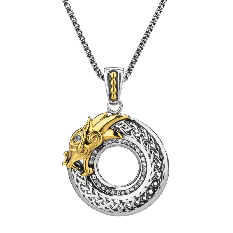 flower necklaces for women-Silver and 10k Gold Dragon Pendant - White Sapphire