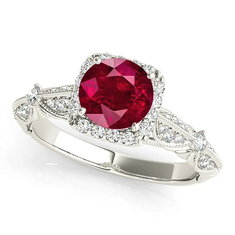 1.35 ct. Genuine Round Ruby With Square Halo, Milgrain Floral Diamond Band