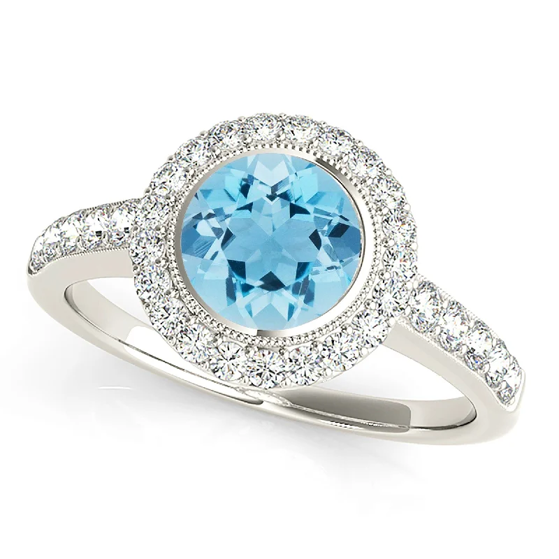 1.10 ct. Genuine Aquamarine Ring With Halo And Delicate Thin Diamond Band