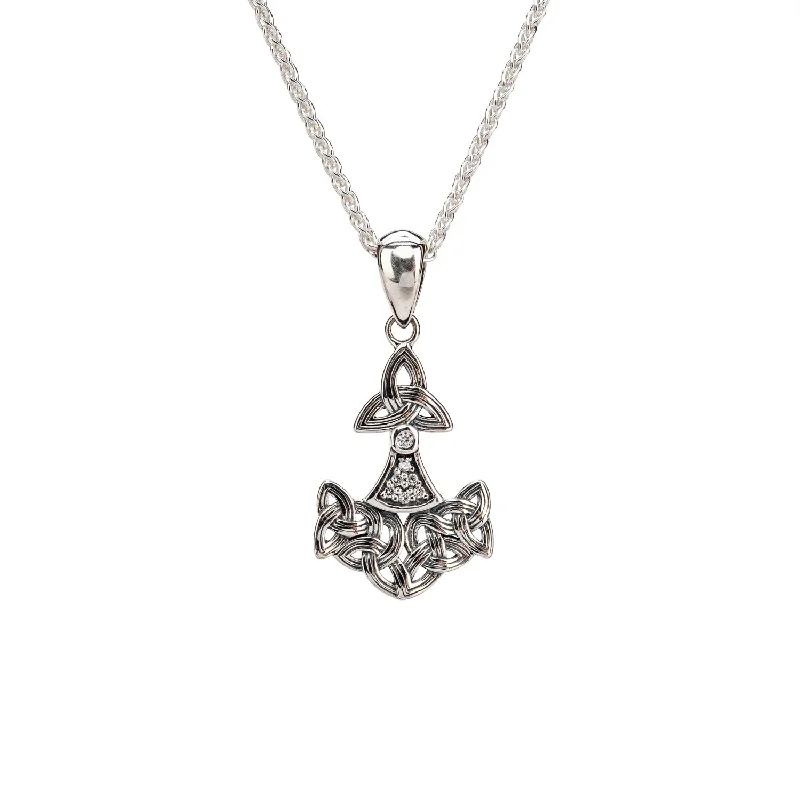 charm necklaces for women-Silver Thor's Hammer Small Pendant - Cubic Zirconia