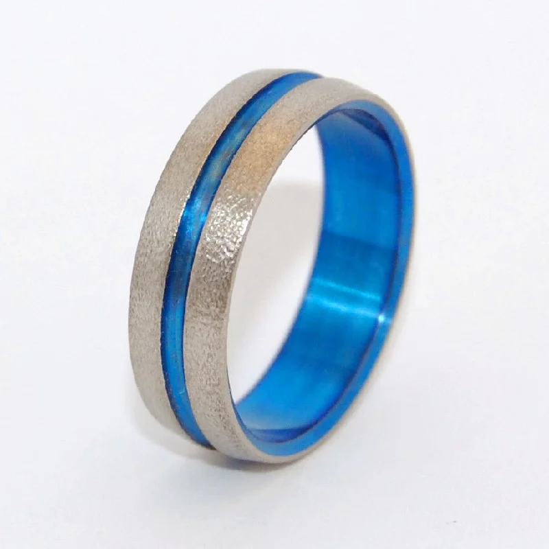 Wire Wheeled Blue Signature Ring | Men's Hand Anodized & Titanium Wedding Ring