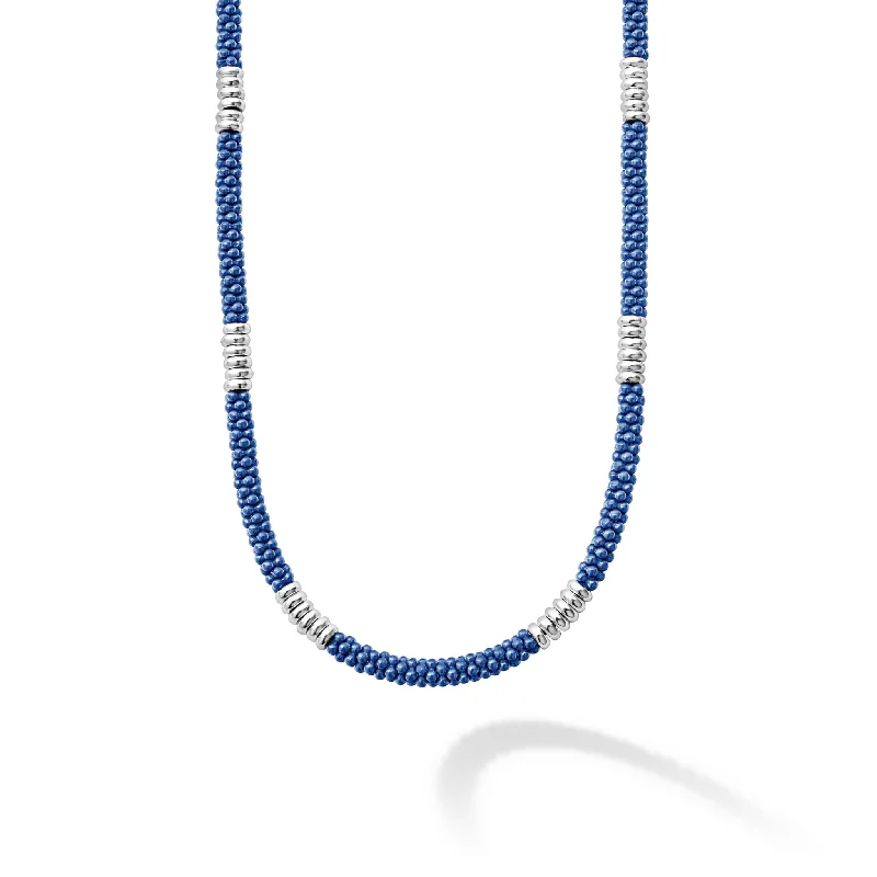 silver necklaces for women-Blue Caviar Ultramarine Silver Station Ceramic Beaded Necklace | 3mm