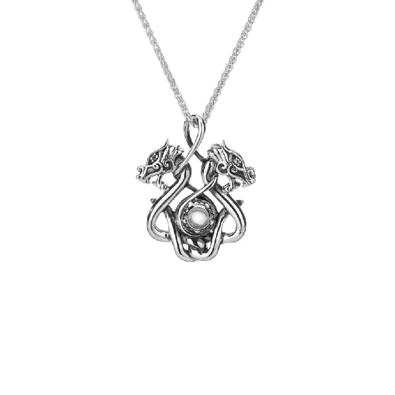 vintage necklaces for women-Silver Double Headed Dragon Pendant Small - White Topaz