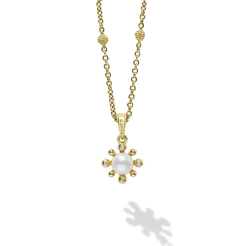 engraved silver necklaces for women-Luna 18K Gold Petite Fleur Pearl Diamond Pendant Necklace