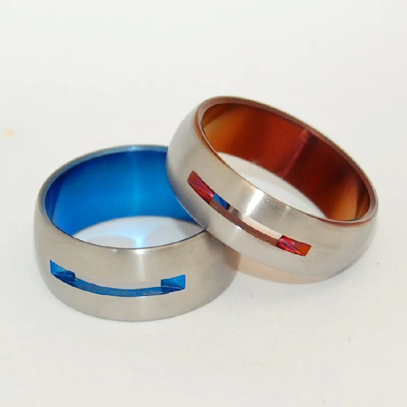 Let Love Shine Through | Bronze & Blue Anodized Titanium Wedding Ring Set