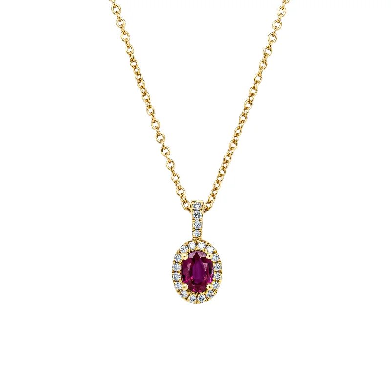 personalized family tree necklaces for women-18ct Yellow Gold .33ct Ruby & Diamond Halo Pendant