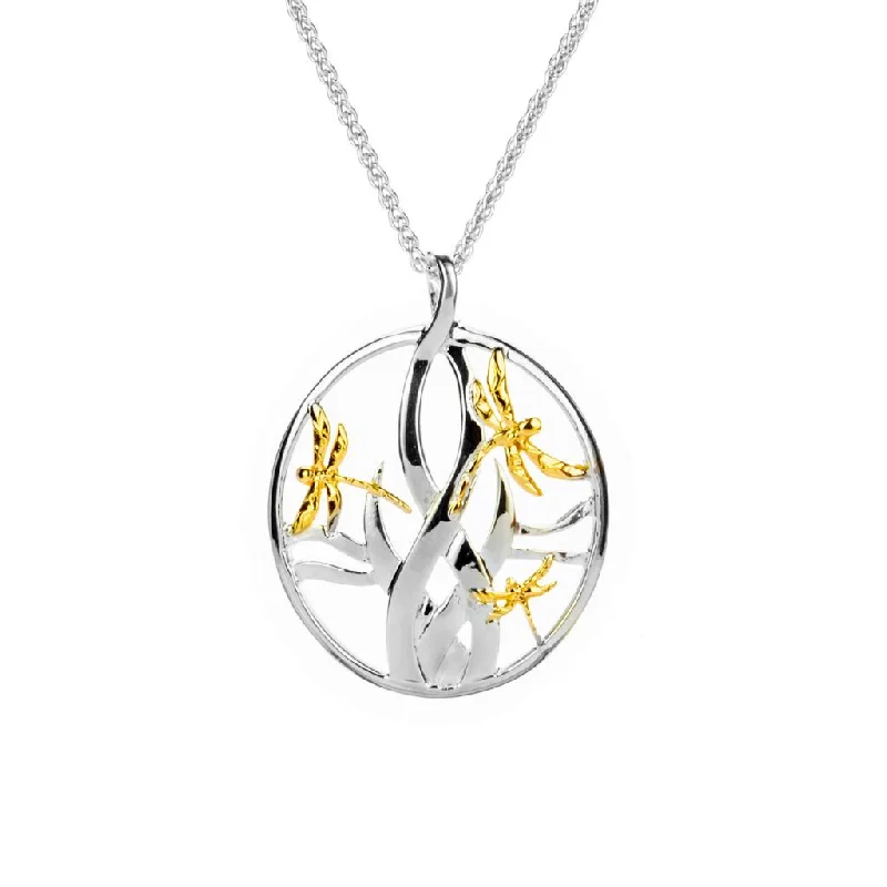 engraved silver necklaces for women-Silver and 10k Gold Dragonfly in Reeds Pendant Large