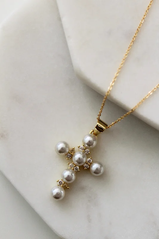 religious necklaces for women-White Pearl Cross