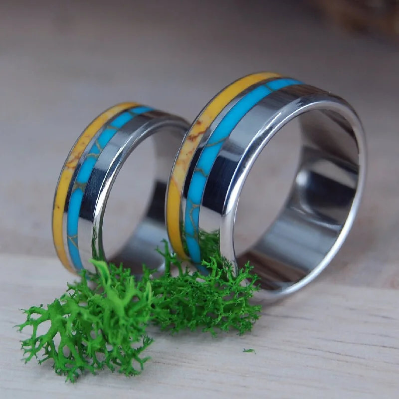 Tibetan Sunrise | Tibetan Turquoise & Honey Jasper In Inox Steel - Unique Wedding Ring - Wedding Ring Set