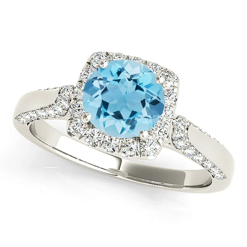 1.75 ct. Genuine Aquamarine Ring with Cushion Halo And Modern Diamond Band