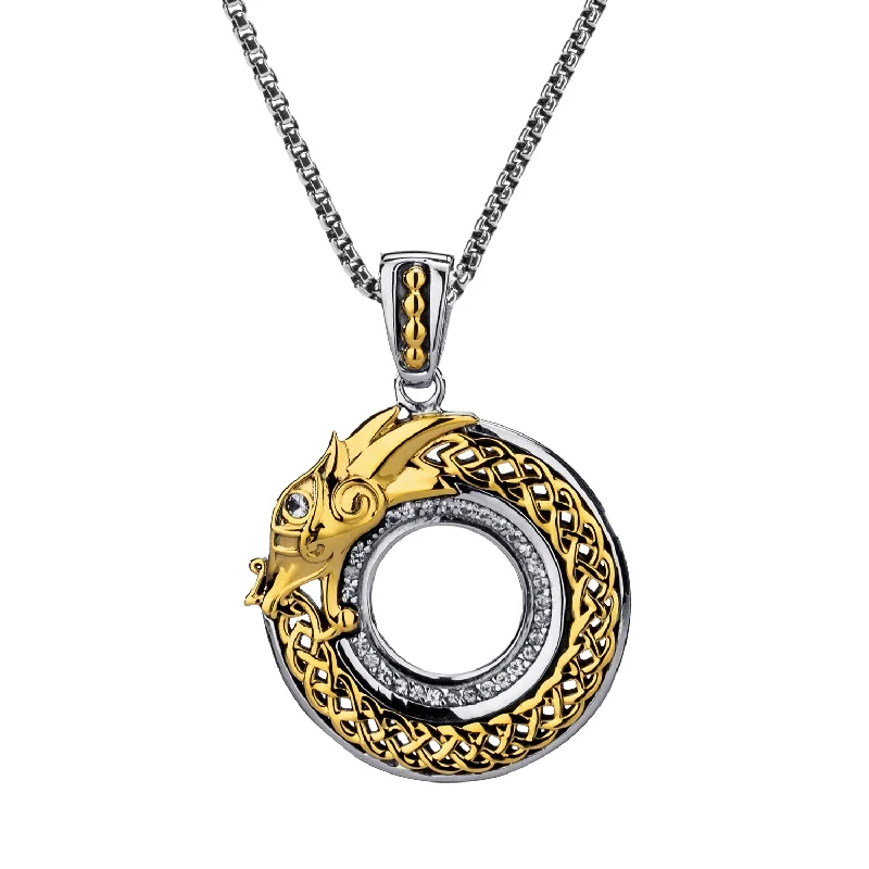 geometric pendant necklaces for women-Silver and 10k Gold Round Dragon Pendant-White Sapphire