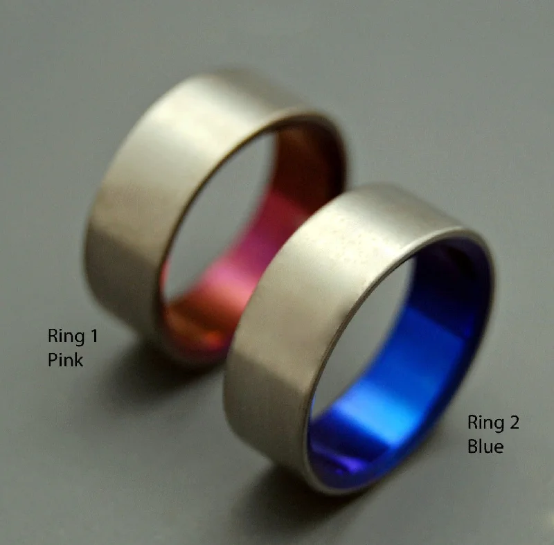 Simple Satin Pink Blue | Hand Anodized Titanium - Unique Wedding Ring - Wedding Ring Sets