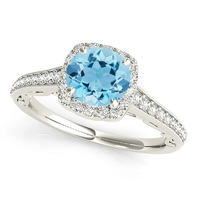 1.75 ct. Genuine Round Aquamarine Ring With Cushion Halo, Fancy Diamond band