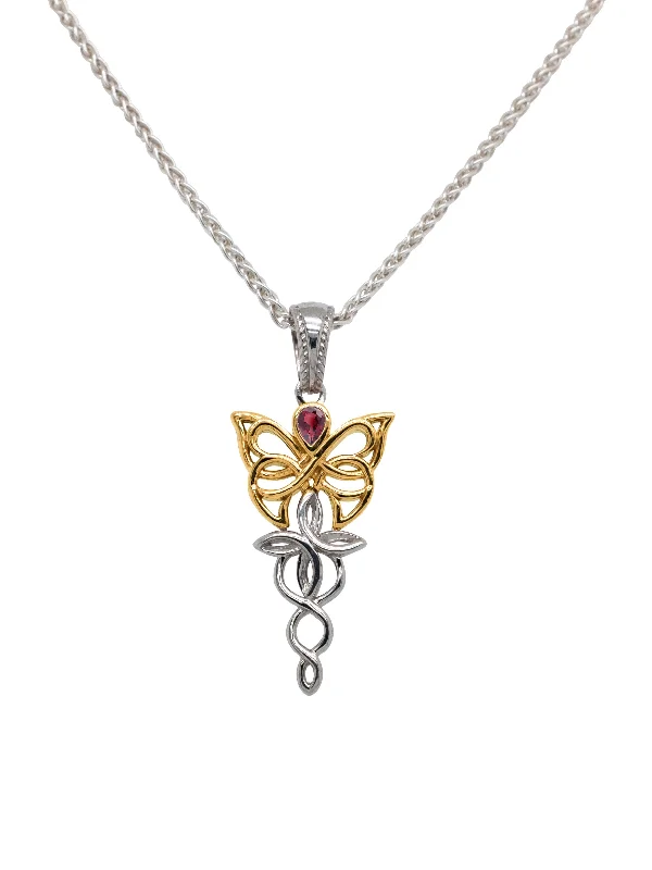 bohemian necklaces for women-10k White and Yellow Gold Butterfly Petite Pendant - Rhodolite