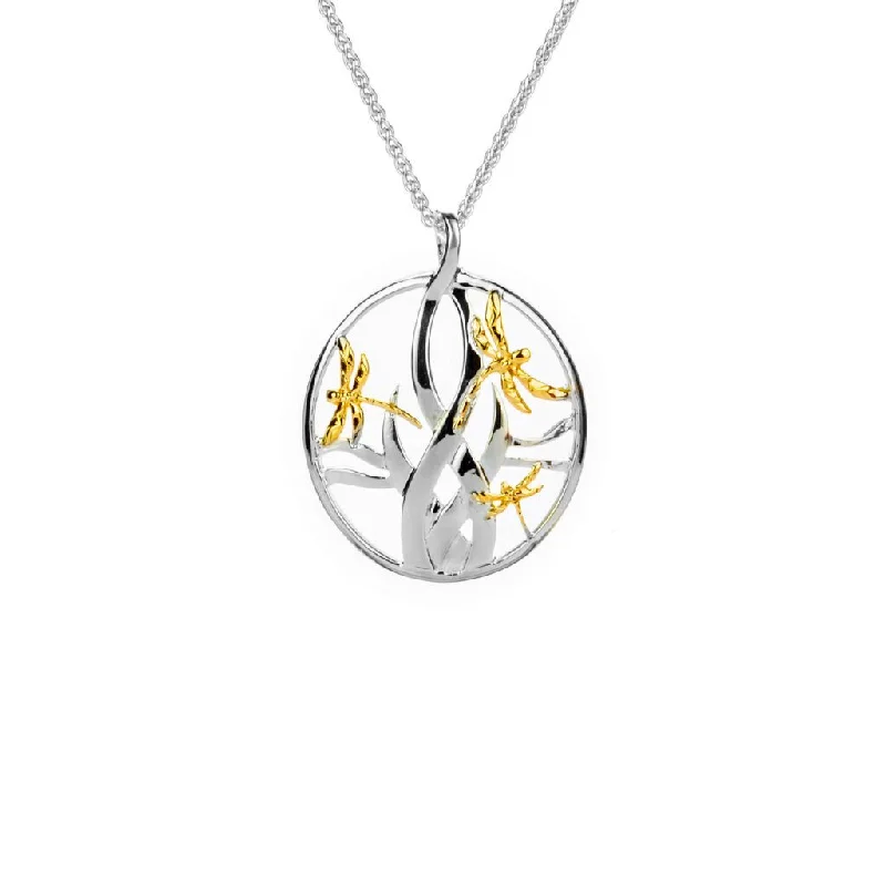 infinity necklaces for women-Silver and 10k Gold Dragonfly in Reeds Pendant Small