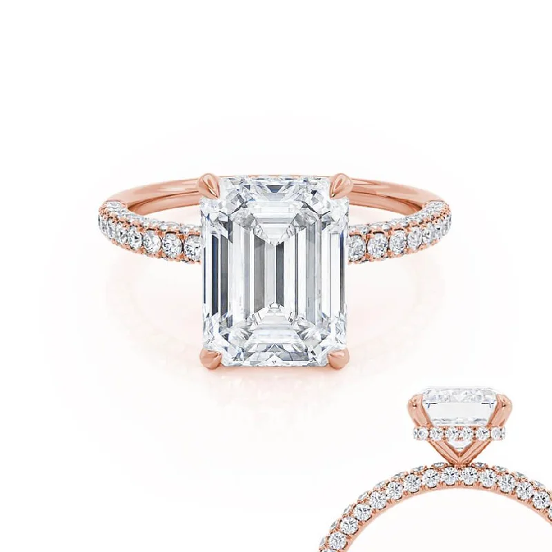 romantic engagement rings for women-COCO - Emerald Moissanite & Diamond 18k Rose Gold Petite Hidden Halo Triple Pavé Ring