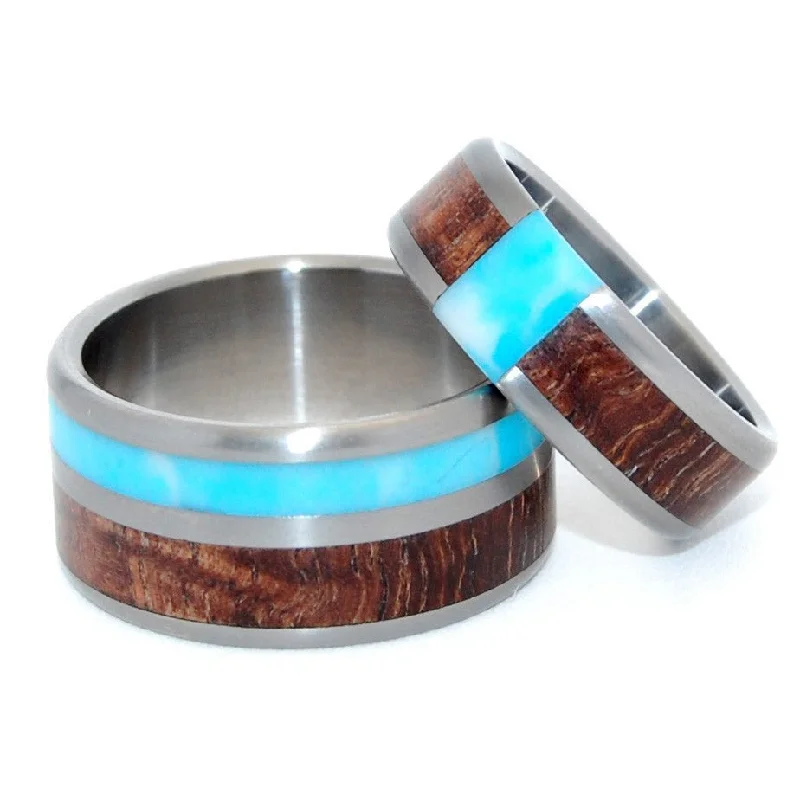 Passing Clouds | Larimar Stone, Hawaiian Koa Wood - Wooden Wedding Ring Set